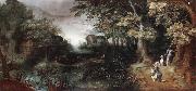 Claes Dircksz.van er heck A wooded landscape with huntsmen in the foreground,a town beyond oil painting on canvas